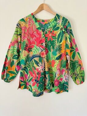 Vilagallo Tropical Floral Popover Blouse in Greens and Pinks, Size 10